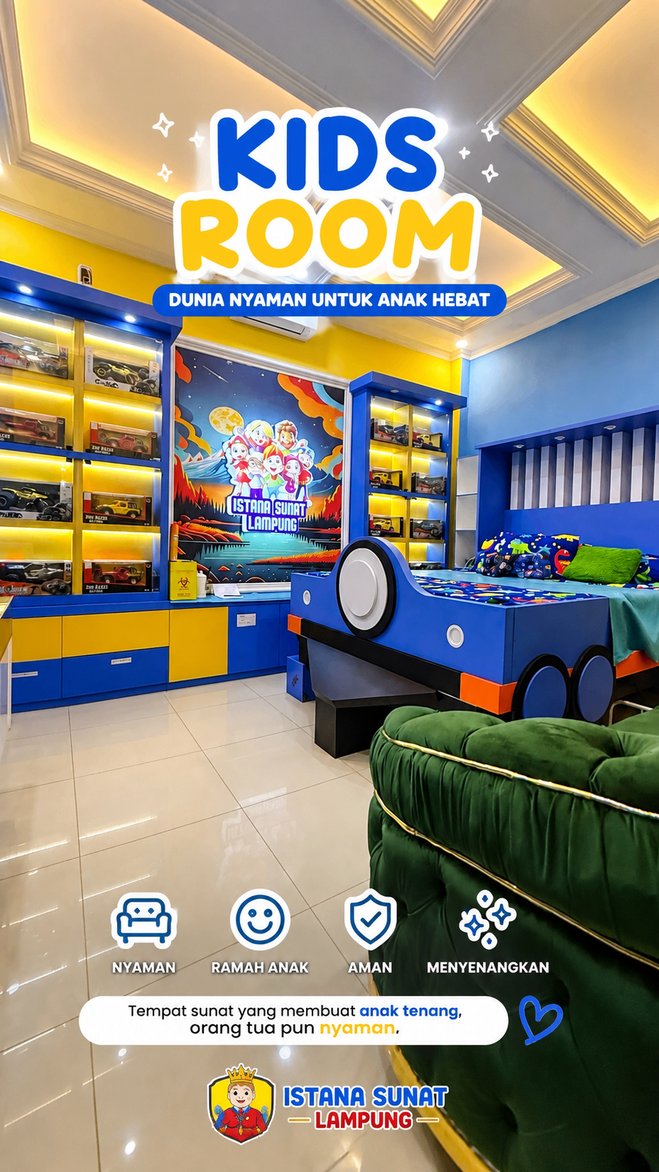 Dinding kids room klinik dengan poster dan dekorasi warna cerah